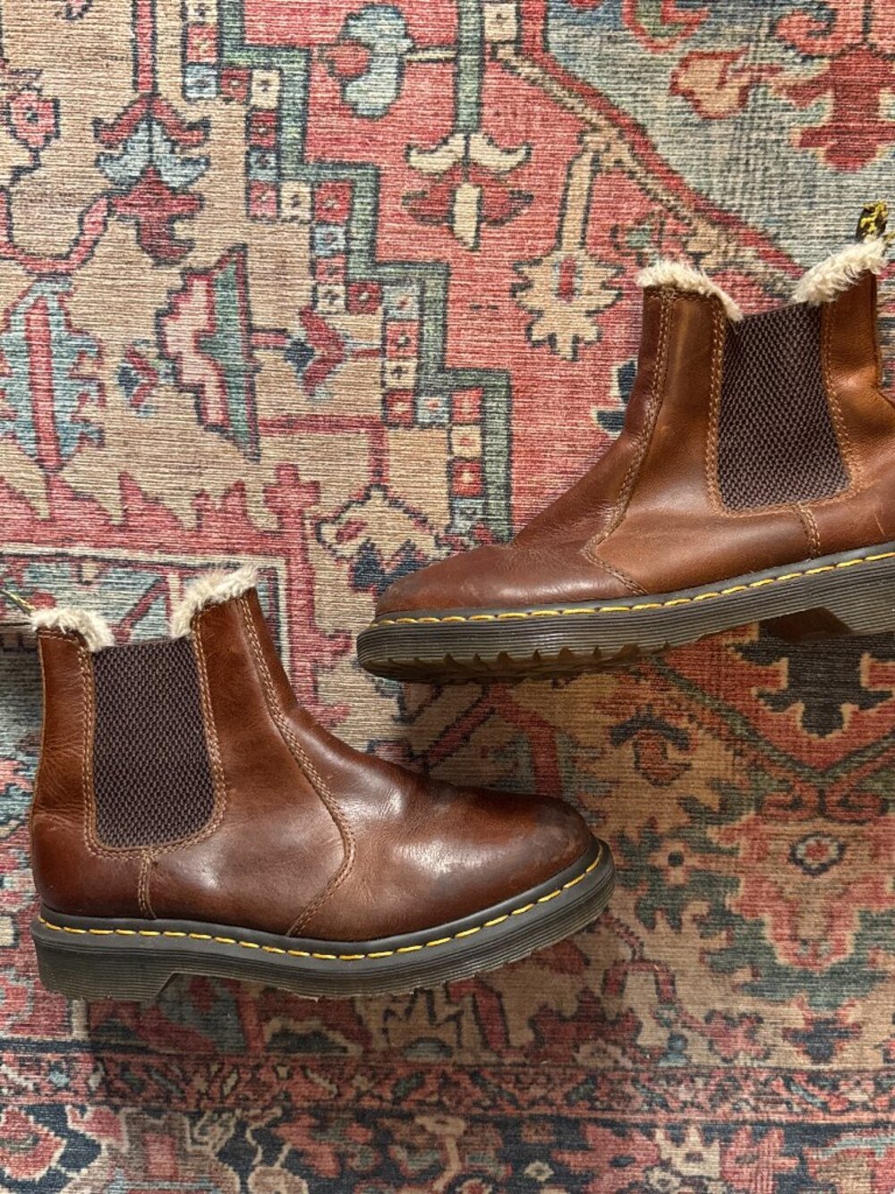 Brown Dr. Martens Chelsea boots with fur lining